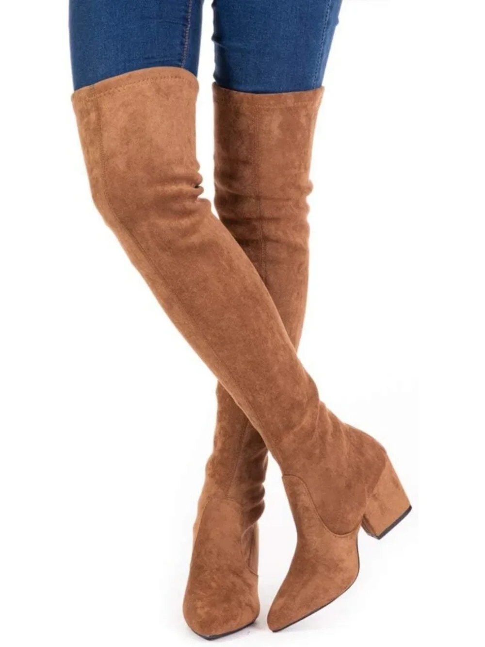 Over the Knee Thigh High Suede Boots - Flat Block Heel, Winter Comfort, Pointed